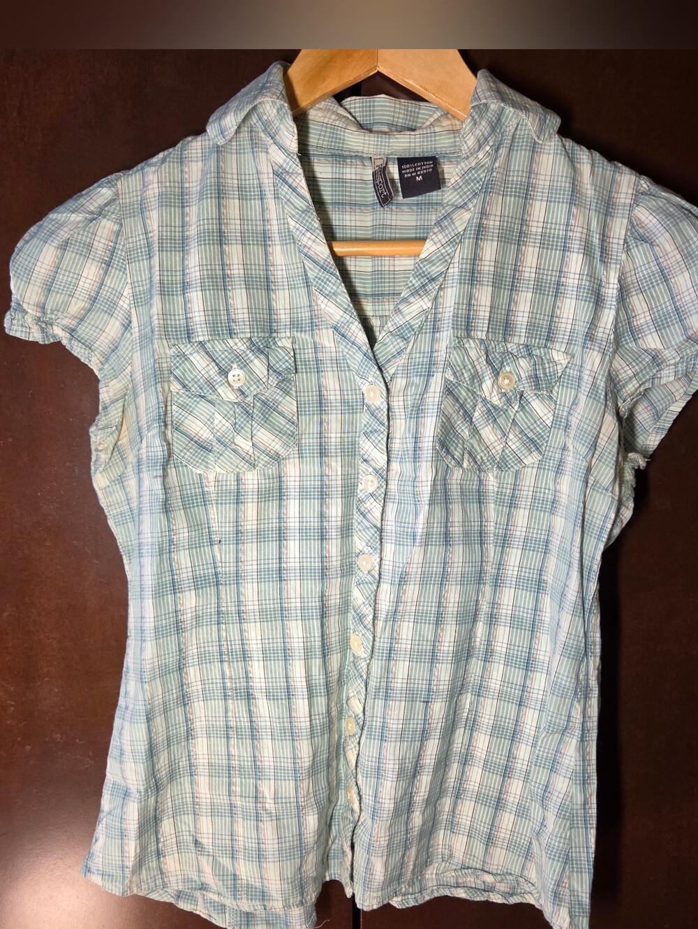 Passport Light Blue Plaid Short-Sleeve Button Down Top Women Size Medium Juniors